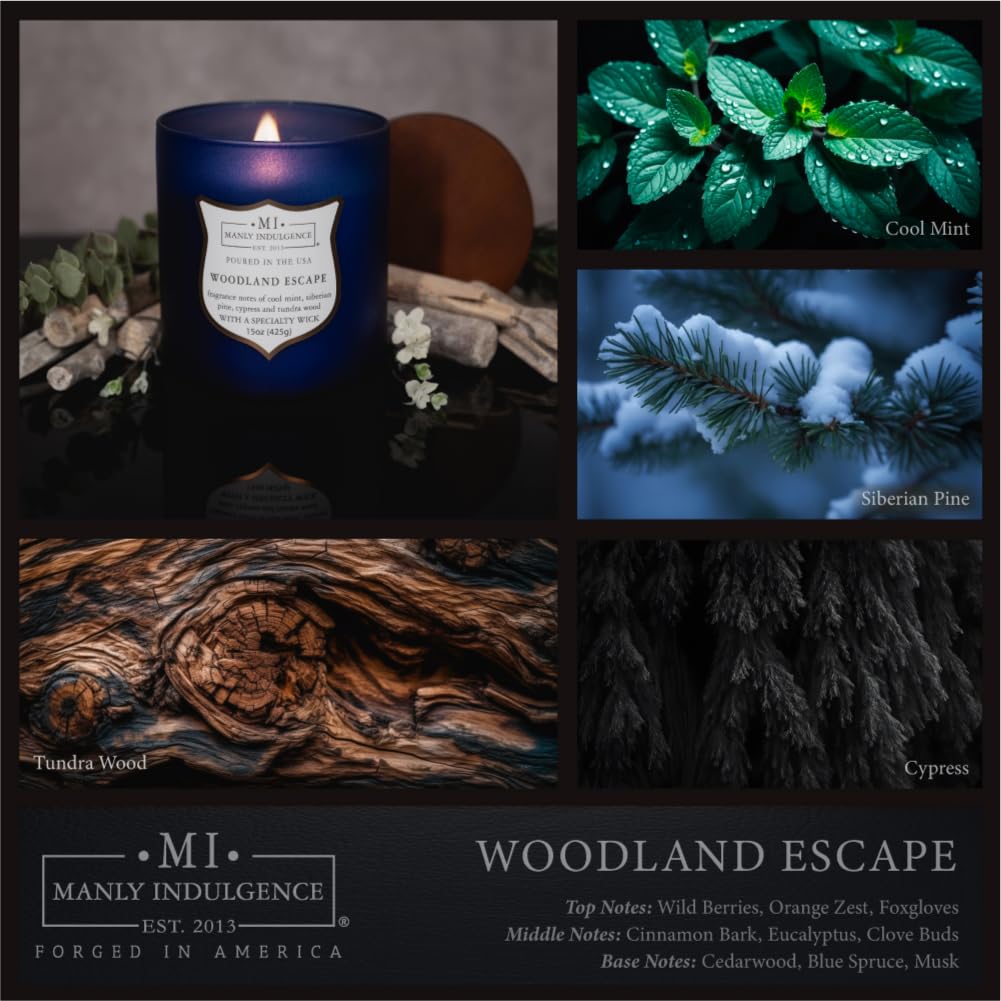 Manly Indulgence Woodland Escape Scented Candles for Men, 15 oz Wooden Wick, Fathers Day Candle, 60H Burn, Candles for Home Scented - Made in The USA