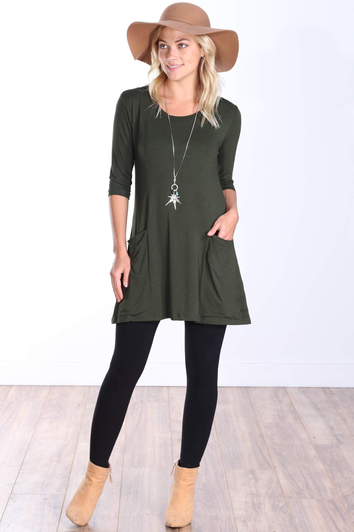 Popana Womens 3/4 Sleeve Tunic Top with Pockets for Leggings Made in USA Olive