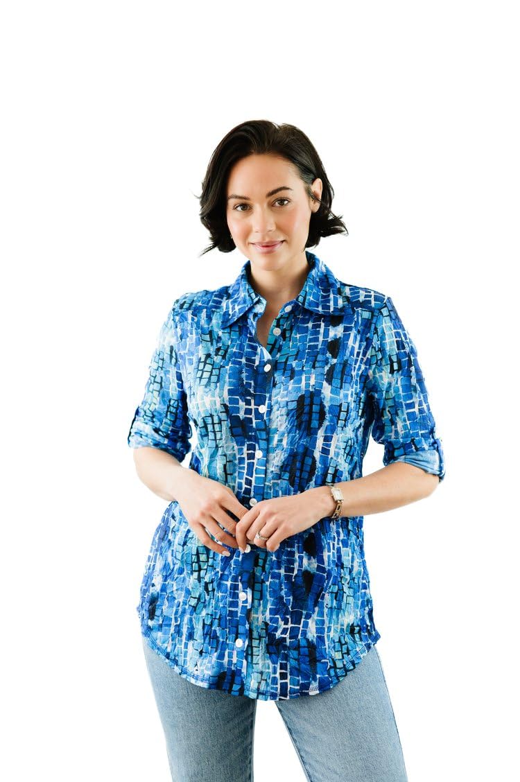 SNO SKINS Spring/Summer Collection Designer Print Crinkle Button-Down Shirt with Tab Sleeves (Wavy Tiles)