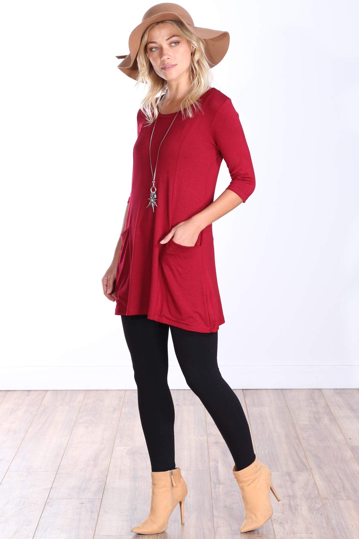 Popana Womens 3/4 Sleeve Tunic Top with Pockets for Leggings Made in USA Burgundy