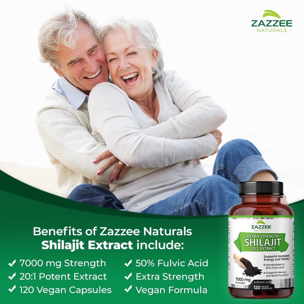 Zazzee 100% Pure Organic Himalayan Shilajit 20:1 Extract, 7000 mg Strength per Capsule, 50% Fulvic Acid, 120 Servings per Bottle, 20X Potency, Rich in Trace Minerals, Non-GMO, Vegan, Made in The USA