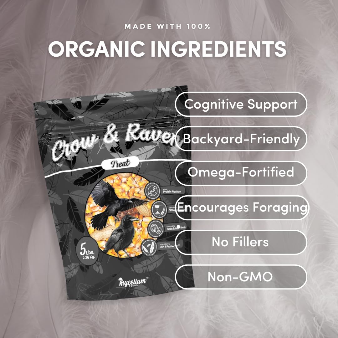 Mycelium Crow & Raven Treat 5 lbs | Wild Bird Feed for Crows, Ravens & Corvids | Whole Corn, in-Shell Peanuts & Walnuts | High-Energy Foraging Mix | Brain, Heart & Feather Support | Organic & Non-GMO