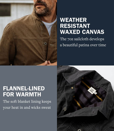 Huckberry Flint and Tinder Men's Flannel-Lined Waxed Trucker Jacket, Water & Weather Resistant Mens Jacket, Coal