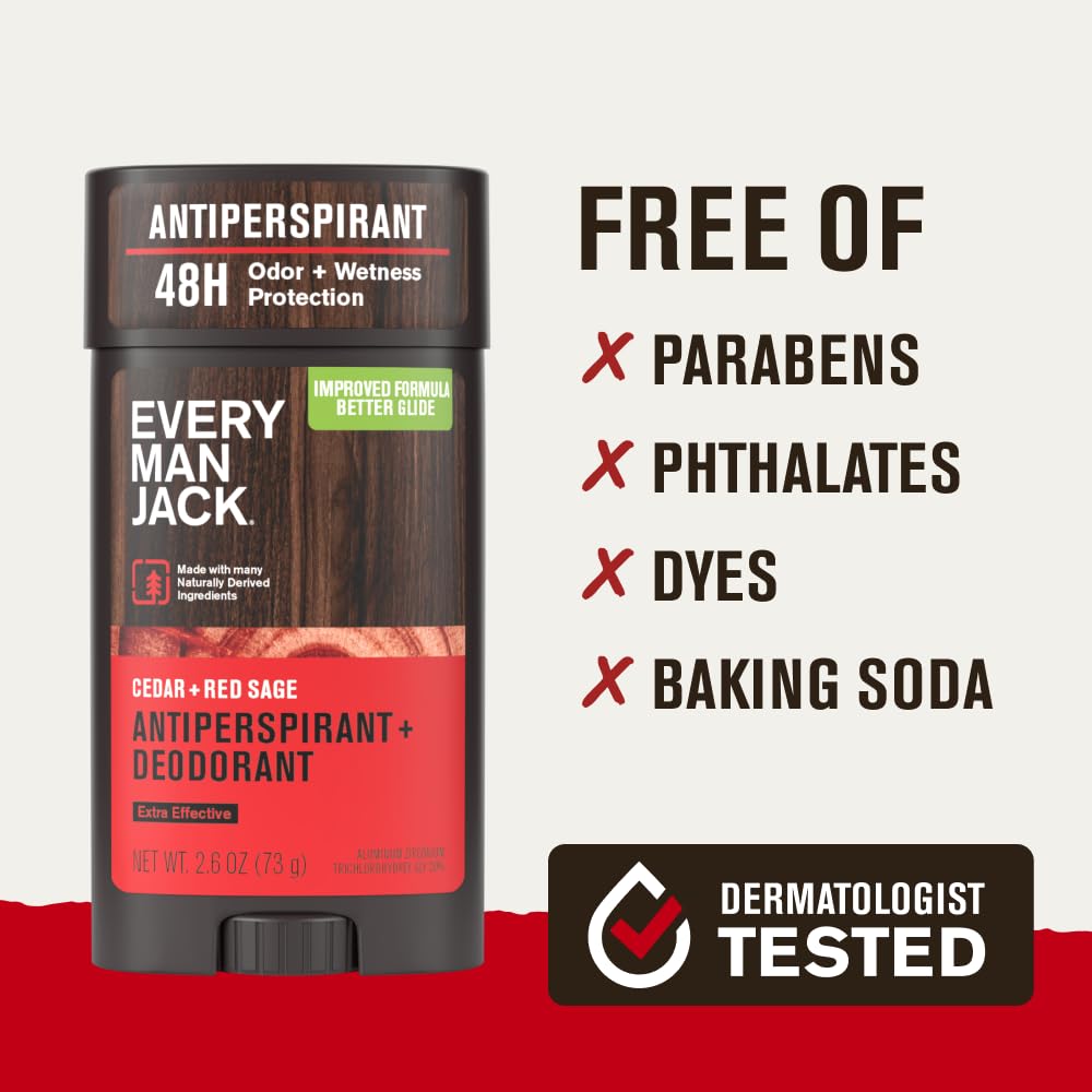 Every Man Jack Men’s Cedar + Red Sage Antiperspirant Deodorant – New & Improved Formula – Smooth Glide, 48-Hour Odor & Sweat Defense– 2.6 oz (2 Pack)