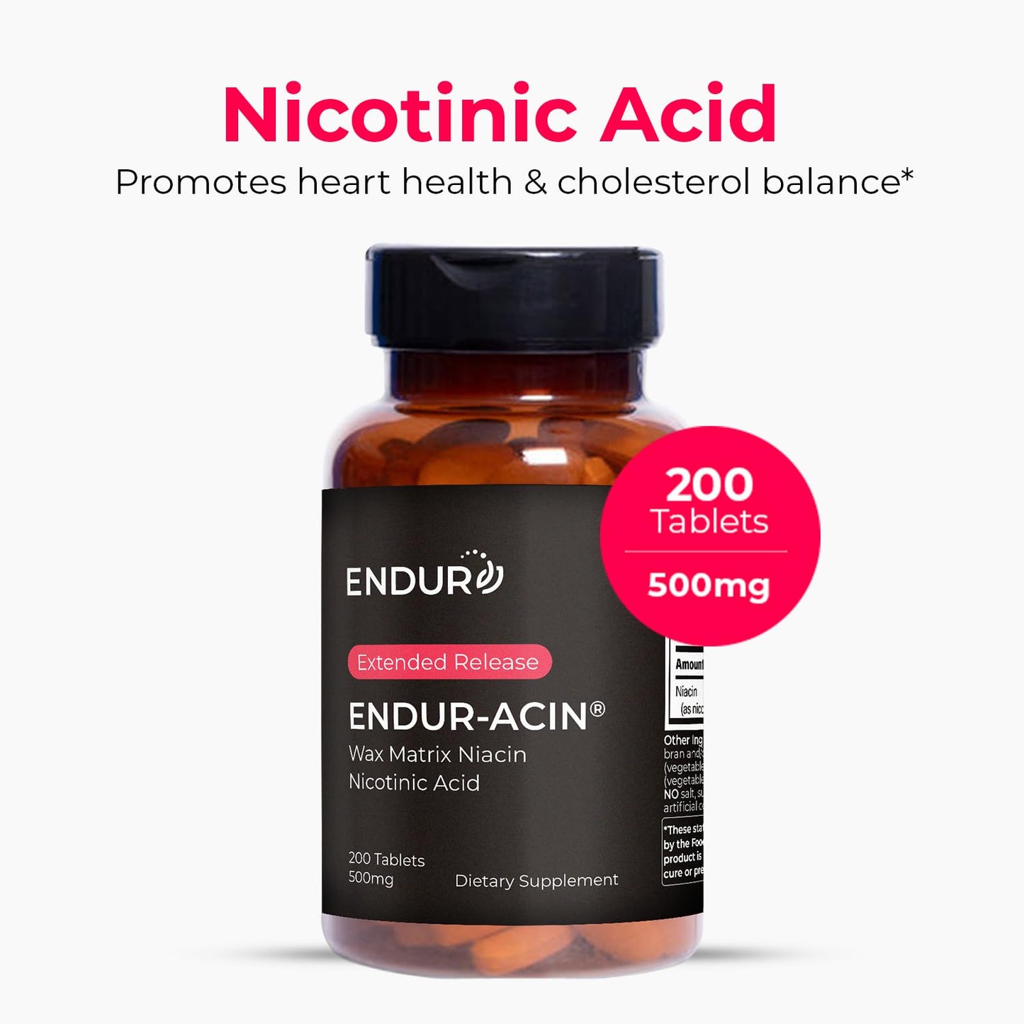 Endurance Products ENDUR-ACIN, Extended Release Niacin for Optimal Absorption & Low-Flush Vitamin B3 Niacin 500mg, Premium Niacin Supplement Made in USA, 200 Tablets