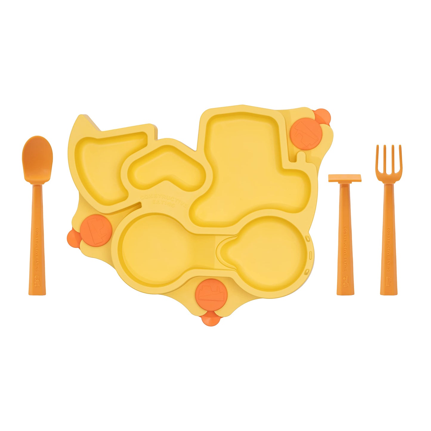 Constructive Eating Plate Made in USA | Constructive Baby | Kids Dinnerware Set, Yellow Truck Plate | Divided Suction Plates for Toddlers – Made with Materials Tested for Safety