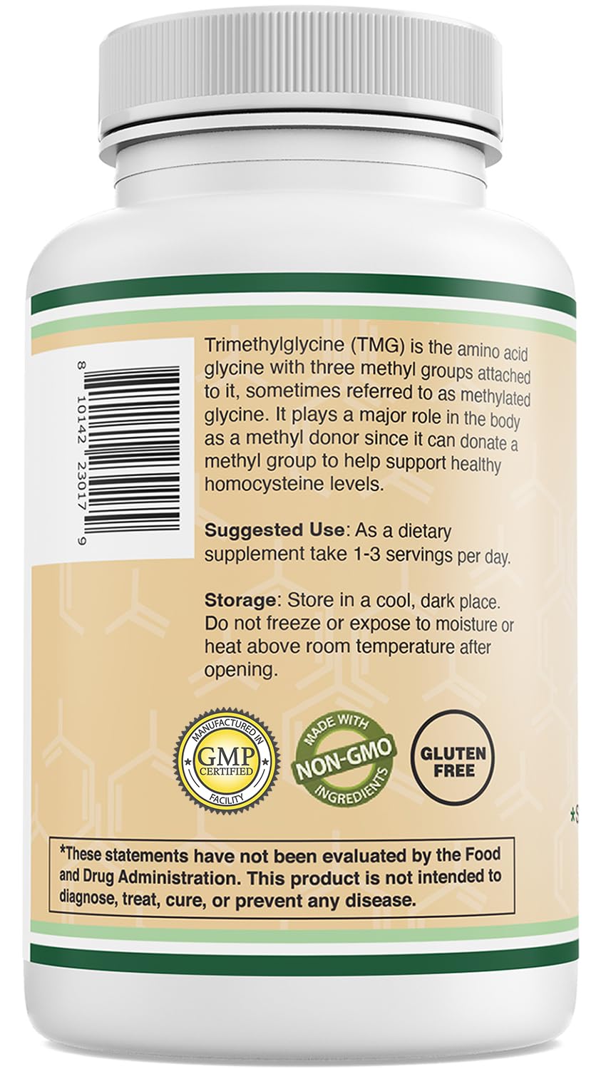 Double Wood Supplements TMG Trimethylglycine Supplement 1,000mg Per Serving, 180 Capsules (TMG Supplements for Homocysteine Control) Genuine TMG with Fishy Smell, Gluten Free, Non-GMO