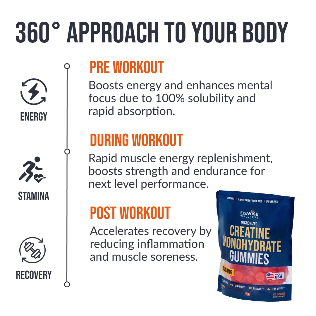 EcoWise Wellness Creatine Monohydrate Gummies 5000 mg, Strawberry Flavor, 120 Sugar-Free Vegan Chews, Creatine Supplement for Daily Routine