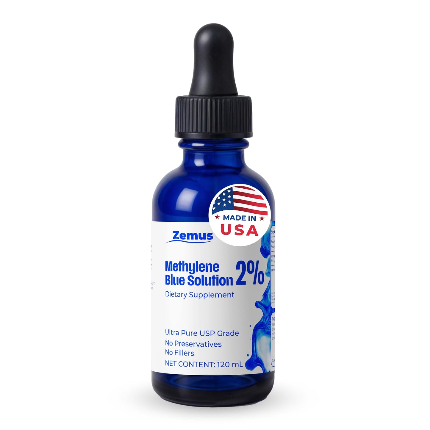 Zemus Methylene Blue 2% – 120 ML (4.06 fl oz) - 120 Day Supply - Nootropic Supplement – Ultra Pure USP Grade, – Made in USA, No Preservatives, Non-Therapeutic, Lab-Tested