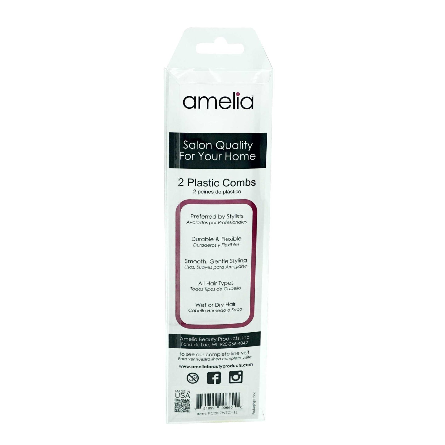 Amelia Beauty, 7in Black Plastic Wide Tooth Tease Comb, Made in USA, Professional Grade Pocket Hair Comb, Wet, Tangled Hair, Flip to Lift, Tease, Everyday Styling Cutting Hair Styling Tool, 2 Pack