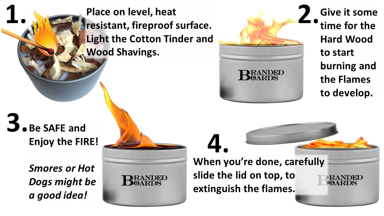 Branded Boards | Made in USA | Portable Mini Bonfire Campfire in a Can | Reusable & up to 5 Hours of Burn Time | Picnics Parties S'Mores Gifts Bushcraft Camping Survival Emergencies (Large 4-Pack)