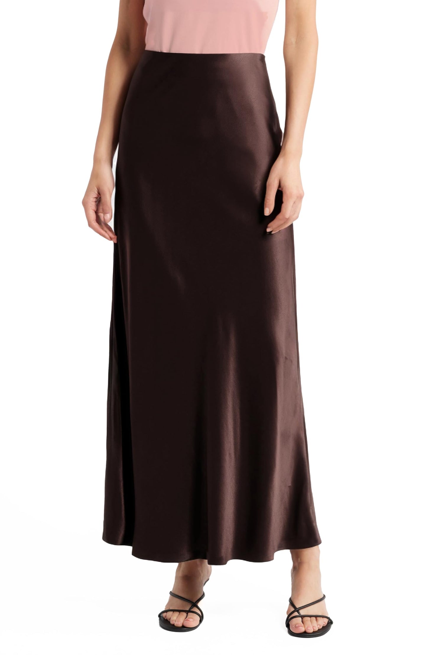 Women's Solid Satin High Waist Midi Long Skirt Hidden Elastic Waistband Office Skirt - Made in USA (Medium,Darkbrown)