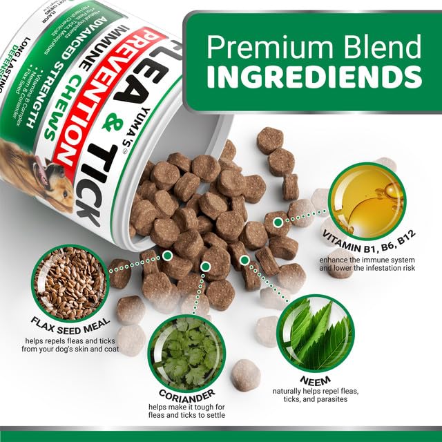 Flea and Tick Prevention for Dogs Chewables - 170 Treats - Natural Dog Flea and Tick Treatment Chewable Supplement - Oral Pills - All Breeds & Ages - Soft Chews - Made in USA - Bacon Flavor