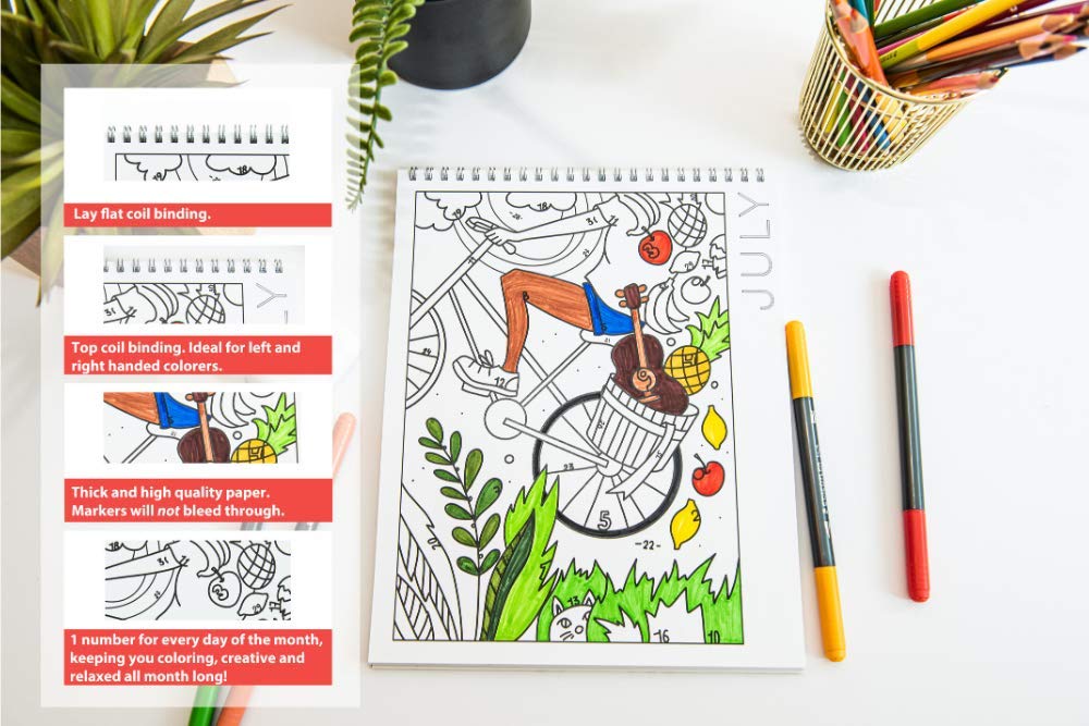 A Brighter Year Adult Coloring Book Perpetual Calendar – Creative & Mindful 12-Month Undated Coloring Calendar for Adults & Kids – Thick Paper + Lay Flat Design