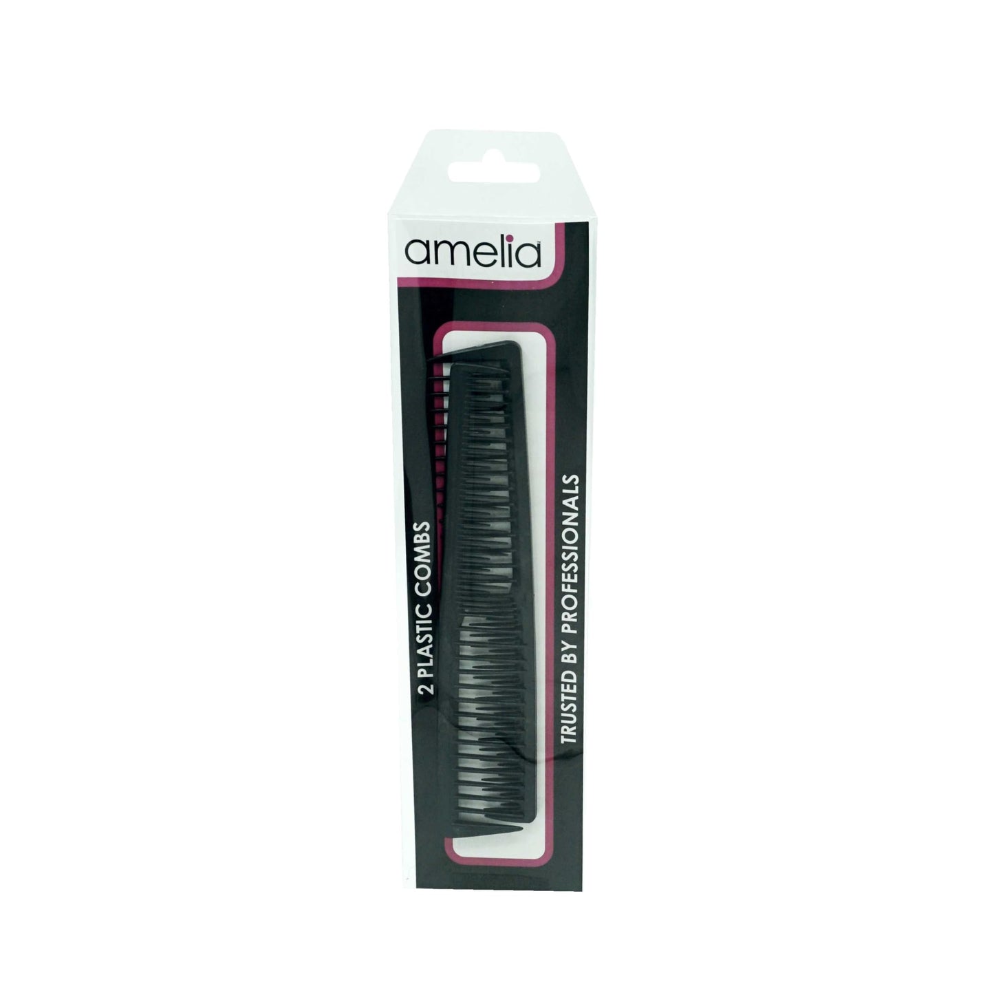 Amelia Beauty, 7in Black Plastic Wide Tooth Tease Comb, Made in USA, Professional Grade Pocket Hair Comb, Wet, Tangled Hair, Flip to Lift, Tease, Everyday Styling Cutting Hair Styling Tool, 2 Pack