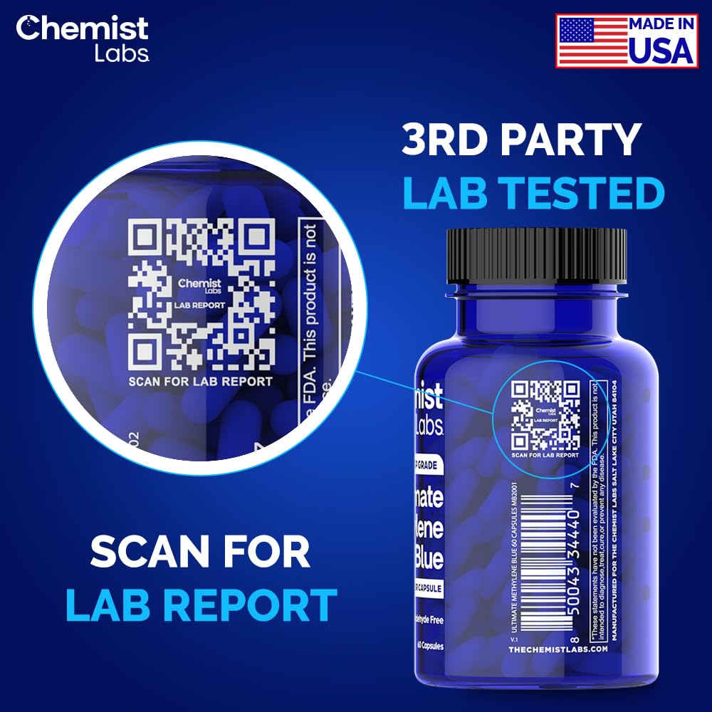 Chemist Labs Methylene Blue Capsules for Humans - USP Grade 99% Purity, Methylene Blue Pharmaceutical Grade, Third Party Tested, Supports Cellular & Mitochondrial Function, Made in USA, 60 Count