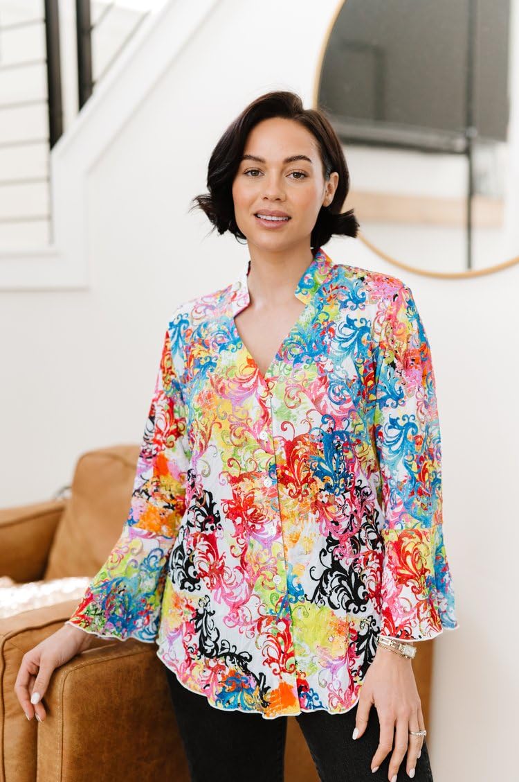 SNO SKINS Spring/Summer Collection Designer Print Crinkle Sweetheart Top with Stand Collar (Antiquity)
