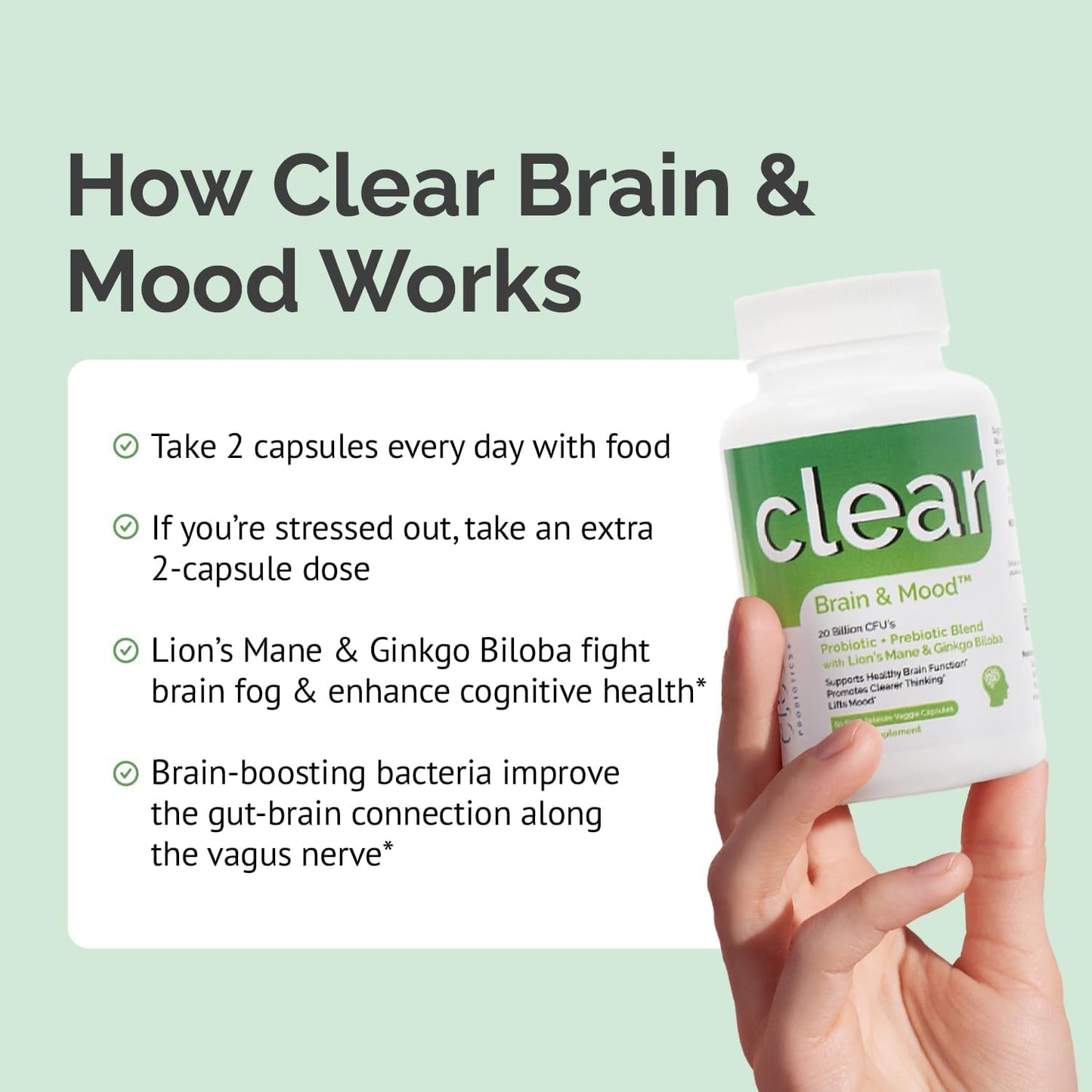 Brain Supplement for Memory, Brain Fog, Focus, Mood & Concentration & Cognitive Function - Lion’s Mane Supercharged with Ginkgo Biloba & Two Probiotic Strains (60 Count - 1 Month Supply)