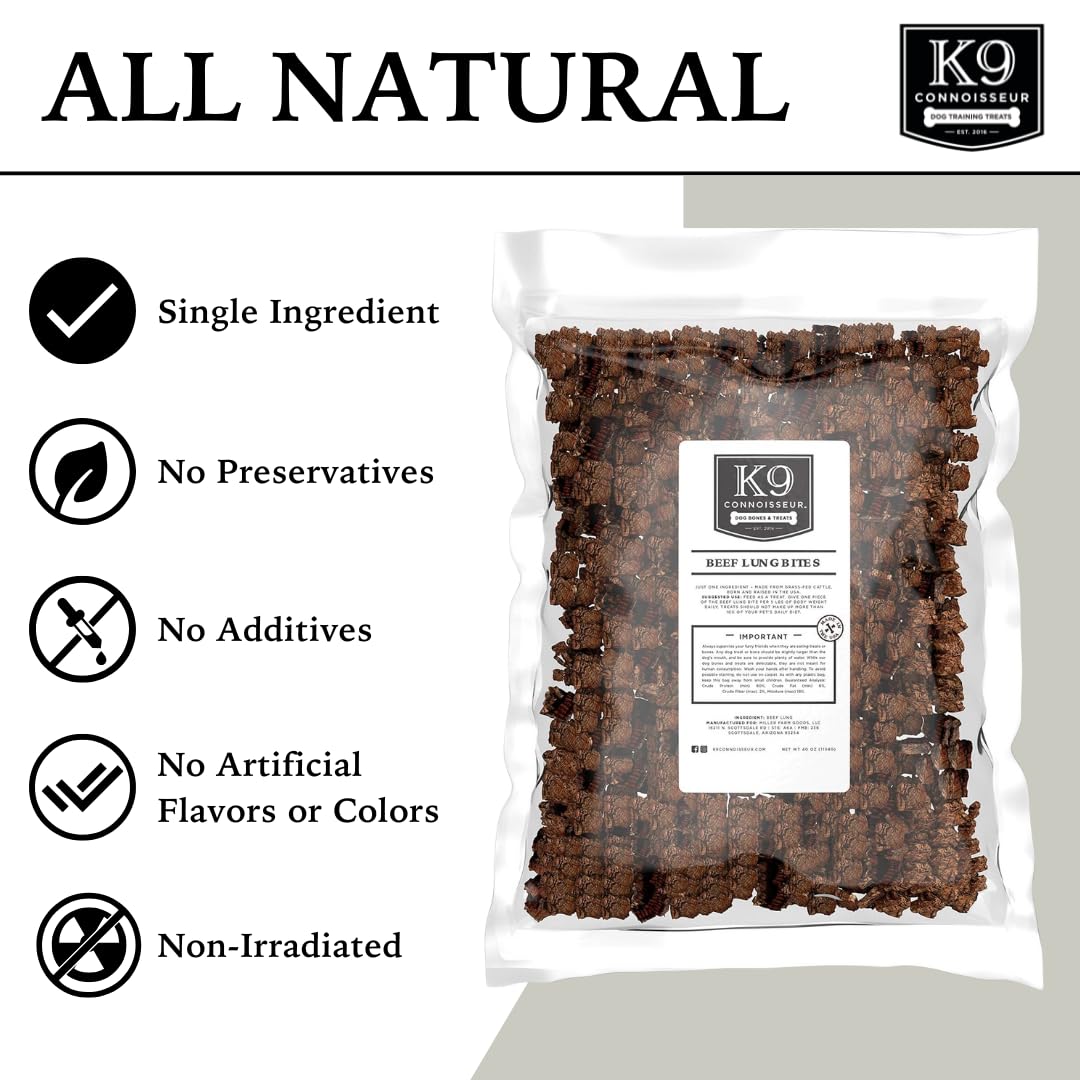 K9 Connoisseur Low to Odor Free Slow Roasted Beef Lung Dog Treats Made in USA, One Ingredient Dog Treats & All Natural, Grain Free Treat for All Breeds & Sizes - 2.5 Pounds