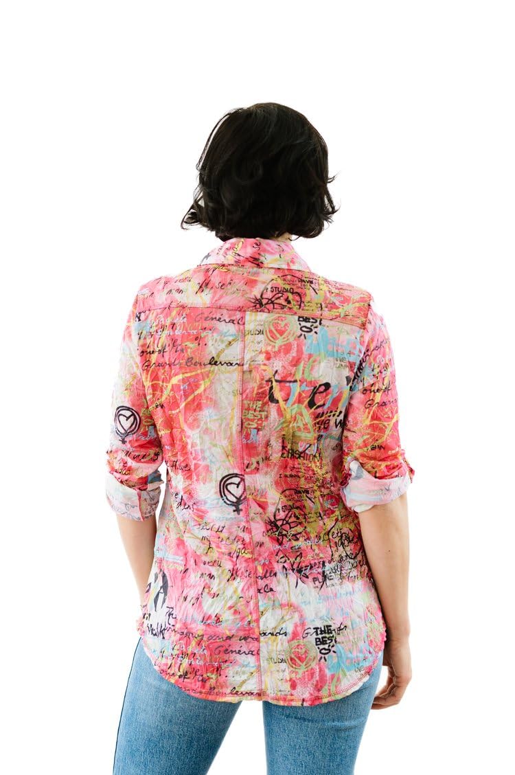 SNO SKINS Spring/Summer Collection Designer Print Crinkle Button-Down Shirt with Tab Sleeves (Graffiti)