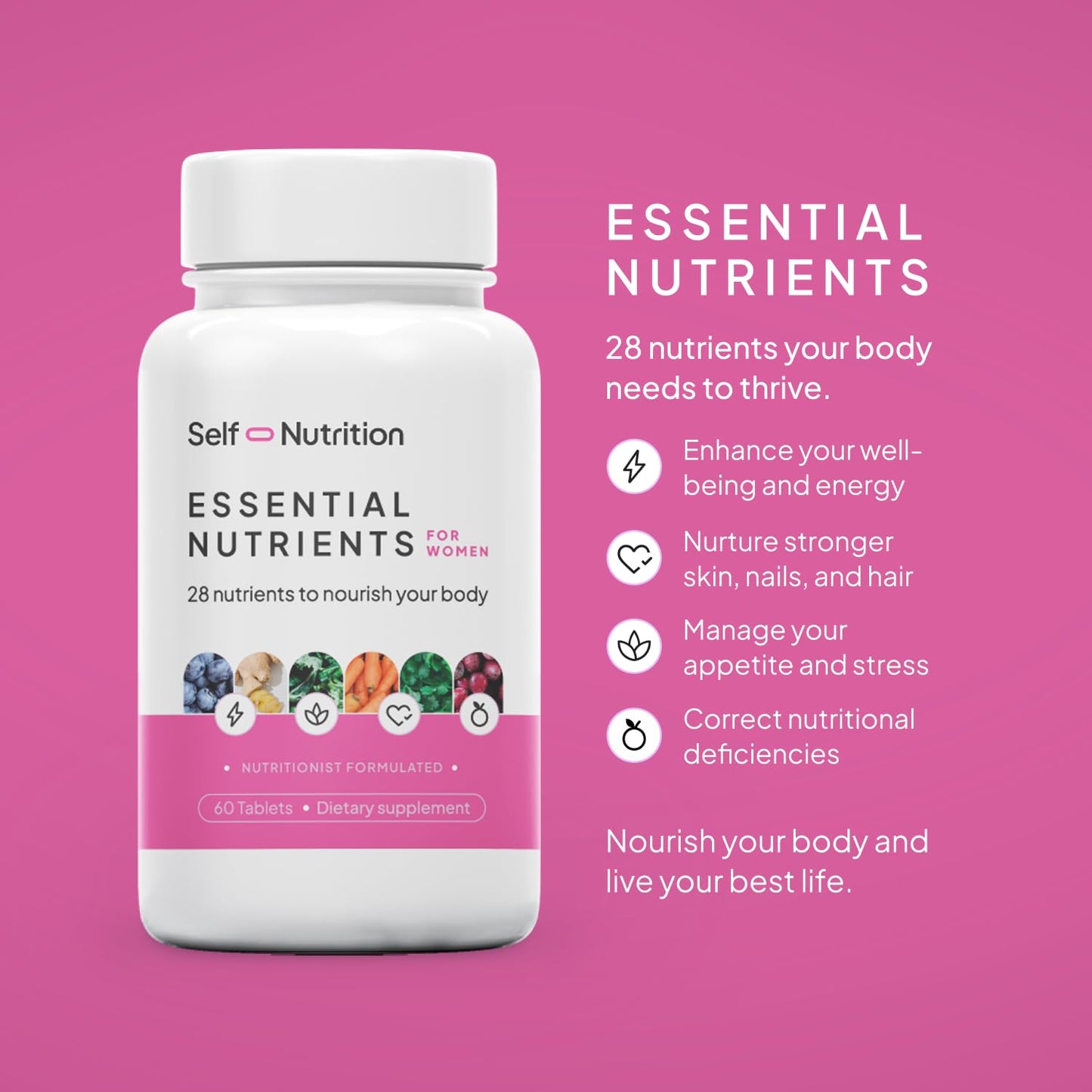 SELF NUTRITION Vegan Multivitamins for Women - Once Daily - 28 Nutrients - Boost Energy, Sleep, Hair, Skin, Nails & Reduce Cravings - Keto, Vegan, Gluten Free, USA, 2-Months Supply
