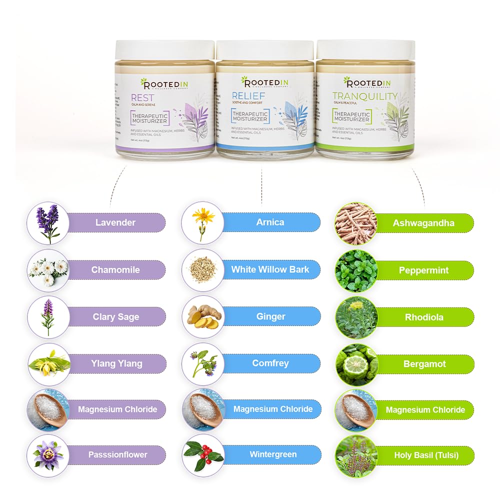 Rooted In Starter Set Includes Tranquility, Rest & Relief Magnesium Cream - Infused with 500mg Pure Magnesium, Herbs & Essential Oils - Non Greasy, Perfect Self-Care Gifts for Adults & Kids