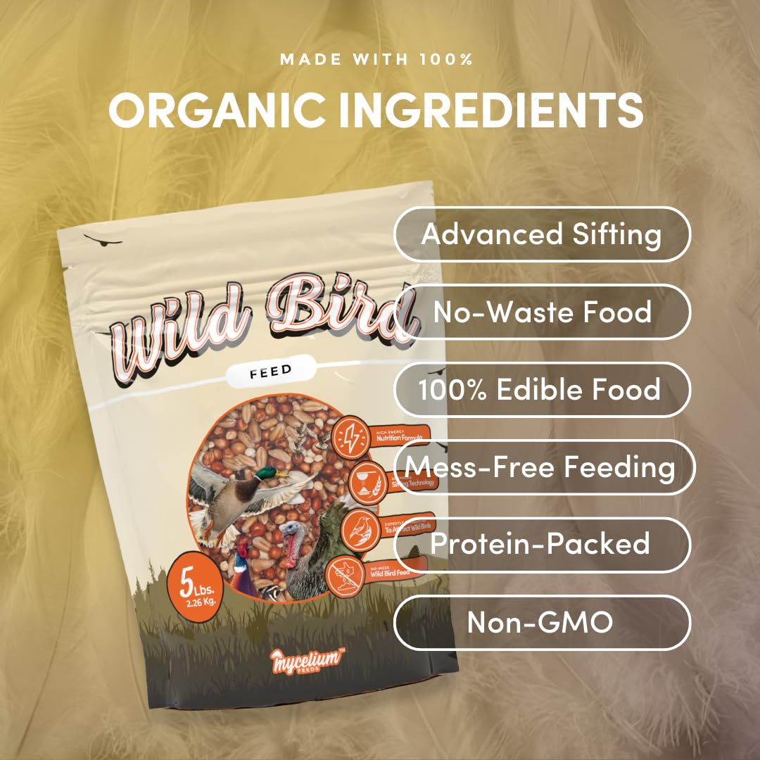 Mycelium Organic Wild Bird Feed (5 LB Bag) | Balanced Wild Bird Seed Mix for Turkeys, Pheasants, Quails & Cardinals | High-Energy Nutrition | Sifted, Non-GMO, Made in USA