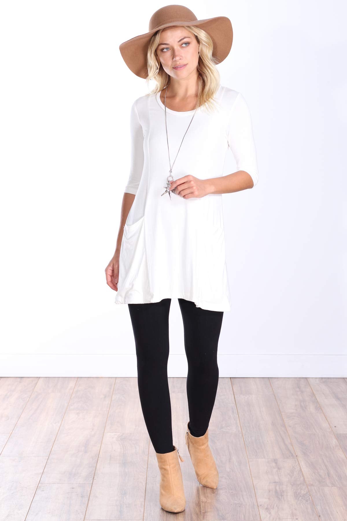 Popana Womens 3/4 Sleeve Tunic Top With Pockets for Leggings Made In USA Pearl