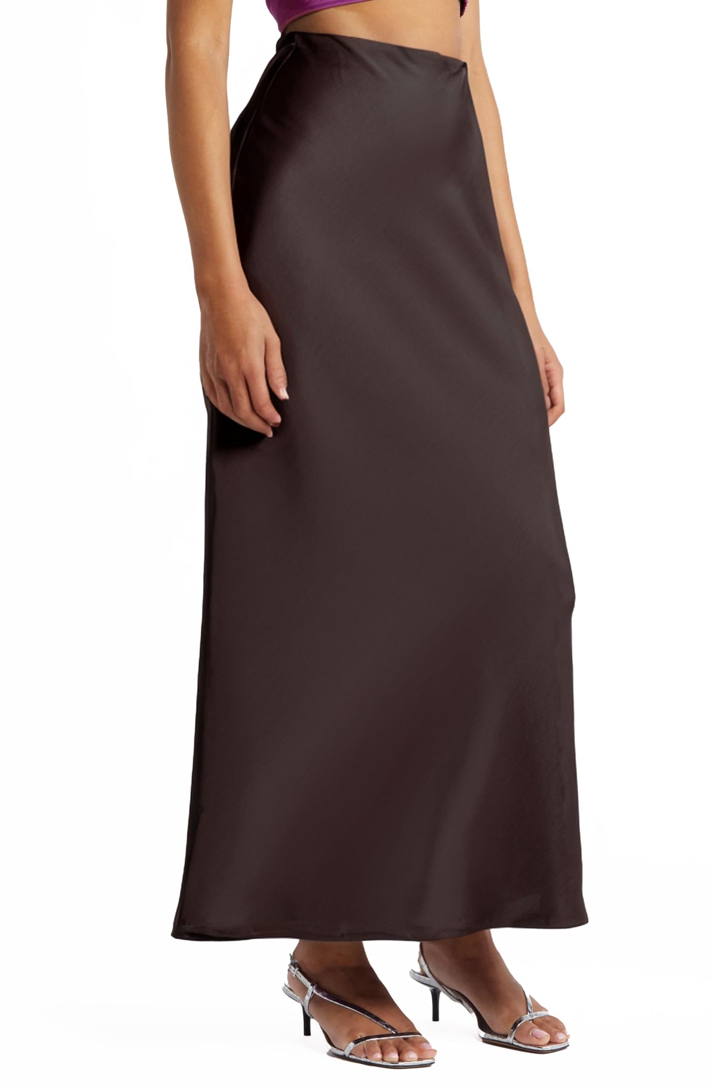 Women's Solid Satin High Waist Midi Long Skirt Hidden Elastic Waistband Office Skirt - Made in USA (Medium,Darkbrown)