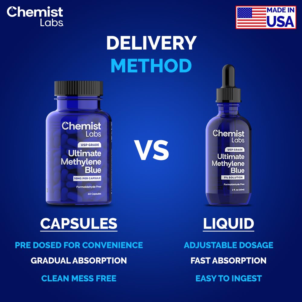 Chemist Labs Methylene Blue Capsules for Humans - USP Grade 99% Purity, Methylene Blue Pharmaceutical Grade, Third Party Tested, Supports Cellular & Mitochondrial Function, Made in USA, 60 Count