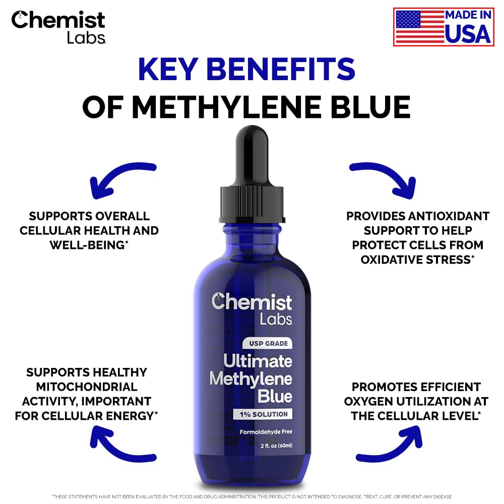 Chemist Labs Methylene Blue Drops Pharmaceutical Grade - 99% Purity USP Grade, Blue Methylene, Cellular & Mitochondrial Support, Third-Party Tested, Made in USA, 2oz