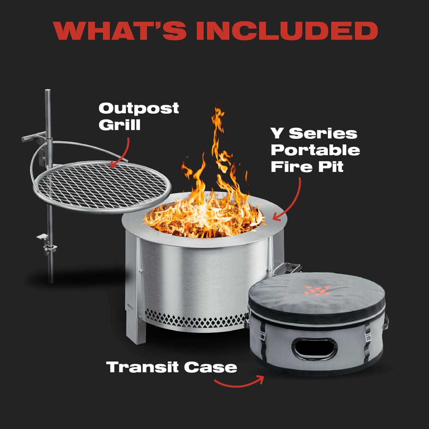 Breeo Smokeless FIrePit to-Go Bundle (Y Series Stainless Steel, Outpost Grill & to Go Case) | 21 inch Smokeless Fire Pit for Outside | Ideal for Families