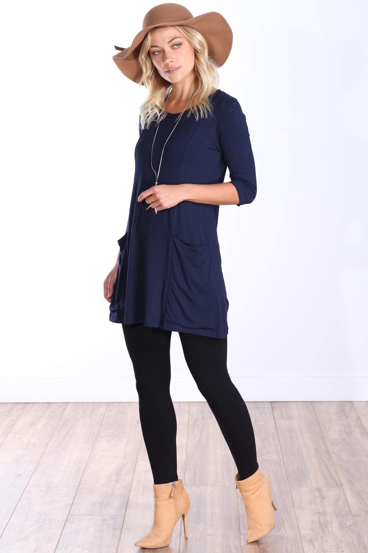 Popana Womens 3/4 Sleeve Tunic Top with Pockets for Leggings Made in USA Navy