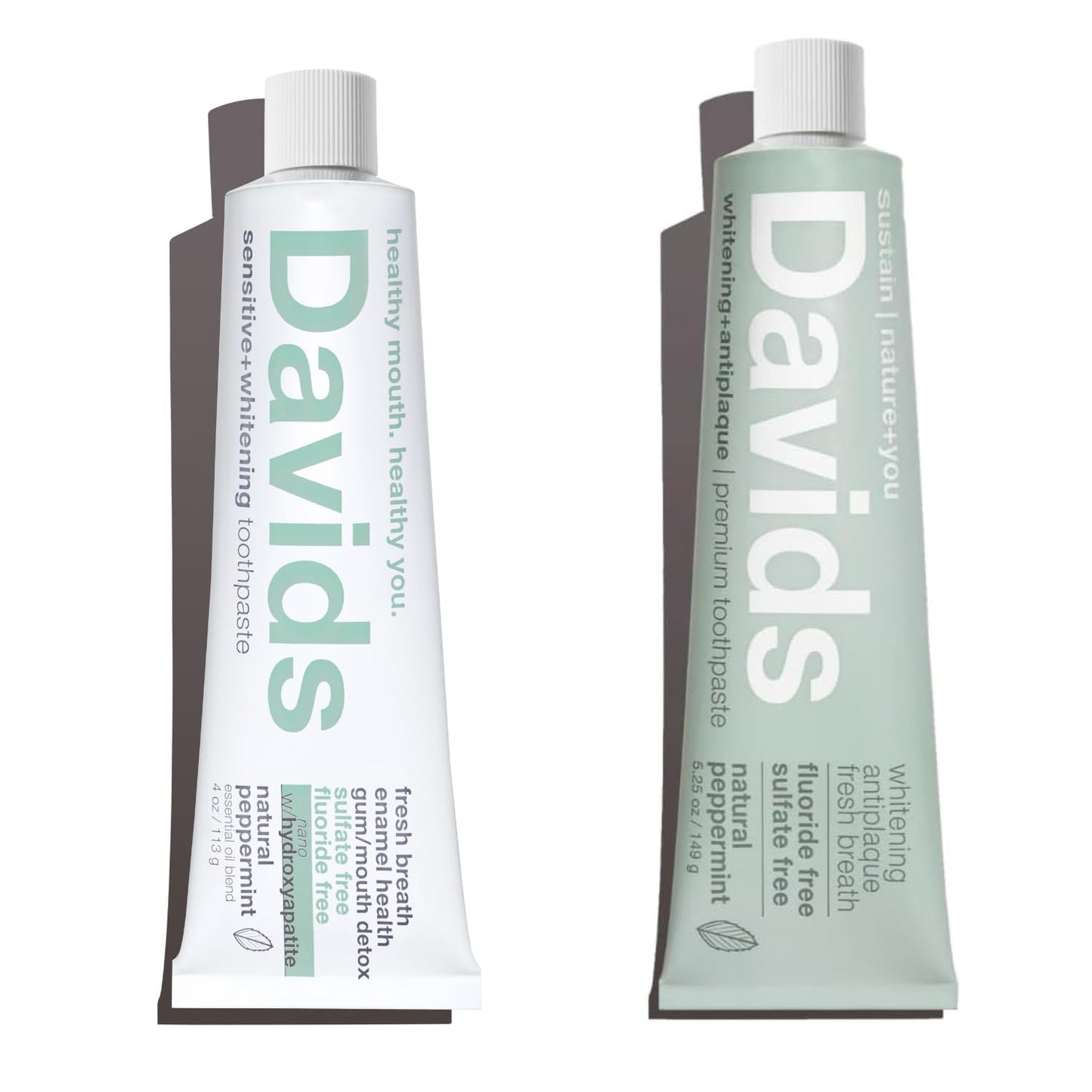 Davids Nano Hydroxi and Antiplaque Peppermint Fluoride Free Toothpaste Bundle, SLS Free, Recyclable Metal Tube, Made in USA, 4 oz and 5.25oz