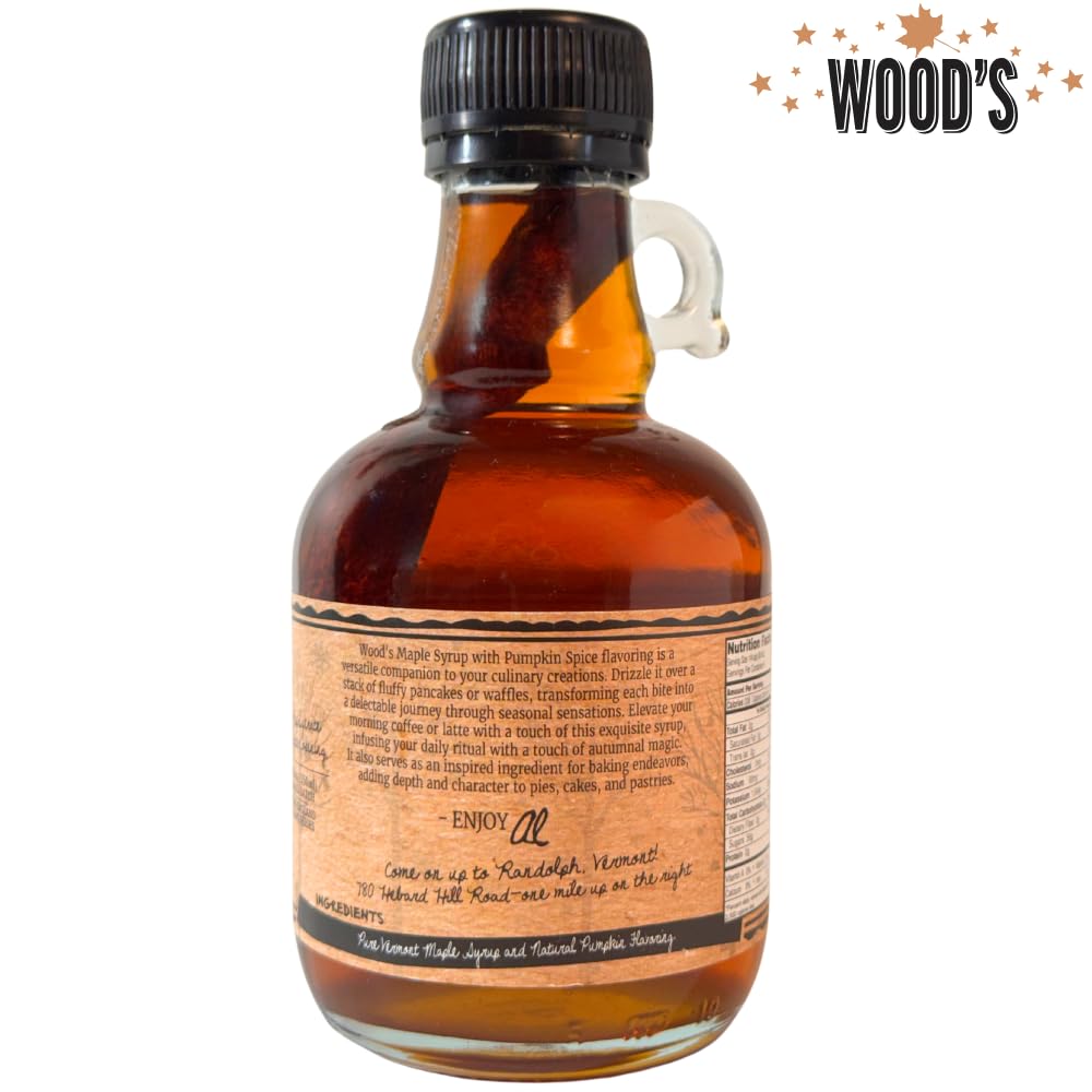 WOOD'S Pumpkin Spice Maple Syrup – Small-Batch Vermont Maple Syrup Infused with Cozy Fall Spices | Natural, Vegan Sweetener for Coffee, Pancakes, Baking & More | 8.45 Fl Oz (250mL)