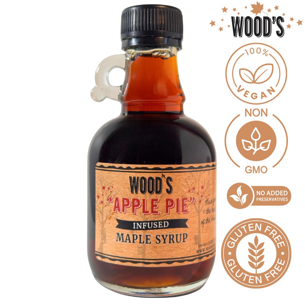 Wood’s Vermont Apple Pie Maple Syrup – Infused Vermont Maple Syrup with Warm Spices & Real Apple Flavor | Small-Batch, Vegan Natural Sweetener | Perfect for Pancakes, Ice Cream, Cocktails & Baking | 8.45 Fl Oz (250mL)