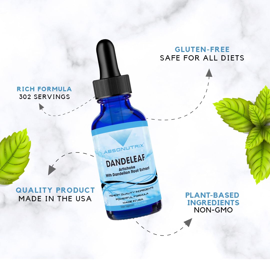 Absonutrix DandeLeaf, 390 mg, 4 FL OZ Liquid, 302 Servings, Made in USA, Potent Plant-Based Ingredients, Artichoke Leaf, Dandelion Root Extract, Gluten-Free, Non-GMO, GMP Certified