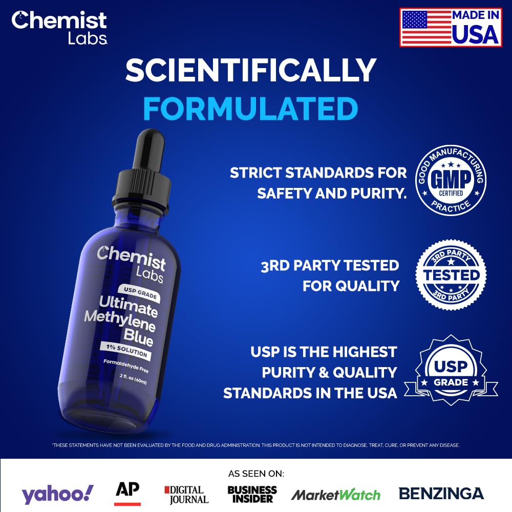 Chemist Labs Methylene Blue Drops Pharmaceutical Grade - 99% Purity USP Grade, Blue Methylene, Cellular & Mitochondrial Support, Third-Party Tested, Made in USA, 2oz