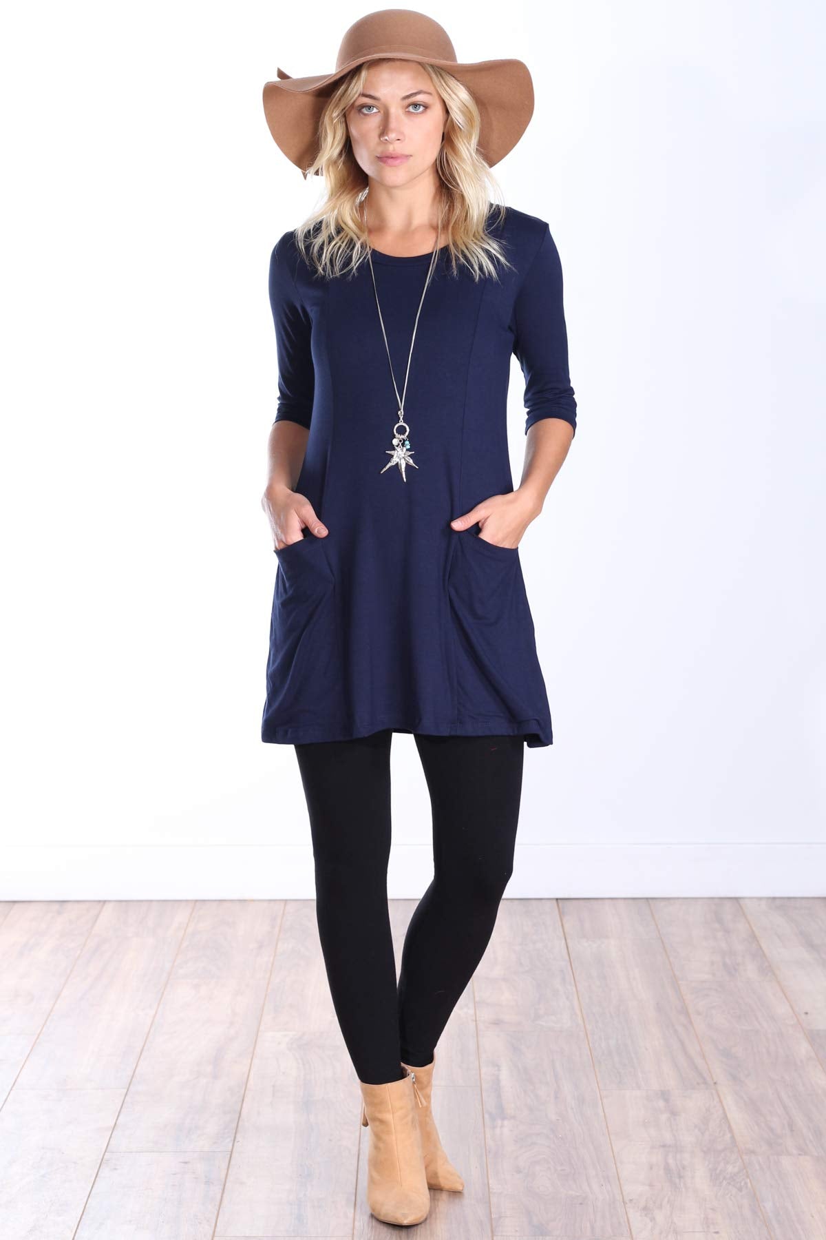 Popana Womens 3/4 Sleeve Tunic Top with Pockets for Leggings Made in USA Navy