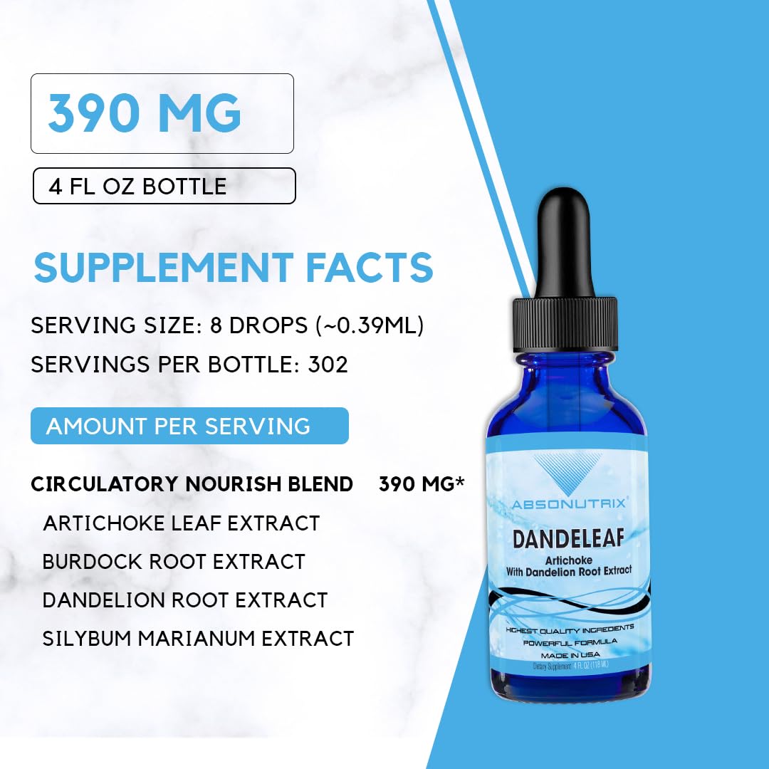 Absonutrix DandeLeaf, 390 mg, 4 FL OZ Liquid, 302 Servings, Made in USA, Potent Plant-Based Ingredients, Artichoke Leaf, Dandelion Root Extract, Gluten-Free, Non-GMO, GMP Certified