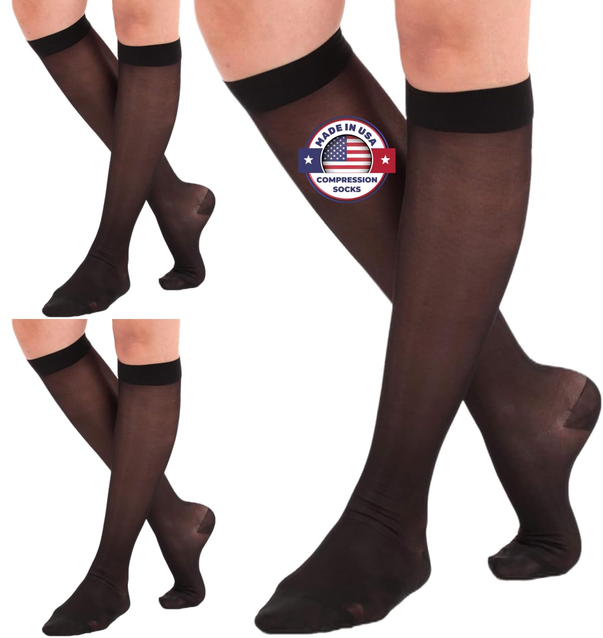 (3 Pairs - Closed Toe) Made in USA - Compression Socks for Women 15-20mmHg - Sheer Compression Knee High Stockings for Post Surgery, Pregnancy, Arthritis, Edema - Black, Large - A101BL3-3