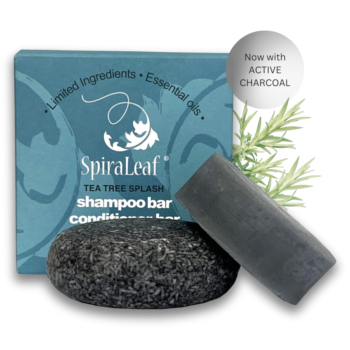 SPIRALEAF Solid Shampoo Bar & Conditioner Bar Set, TEA TREE SPLASH Essential Oil Blend, Limited Ingredients, Concentrated Formula, Fragrance-Free, Dye-Free, Premium Hair Care and Shave Bars