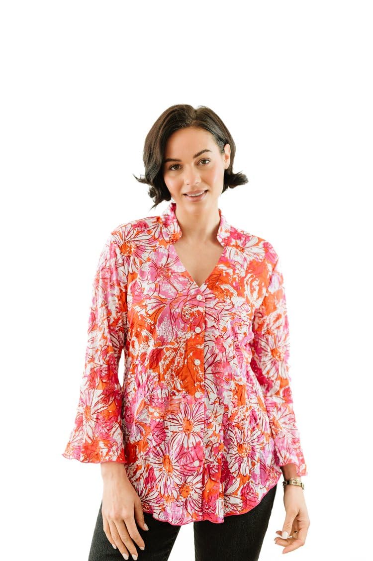 SNO SKINS Spring/Summer Collection Designer Print Crinkle Sweetheart Top with Stand Collar (Pink Passion)