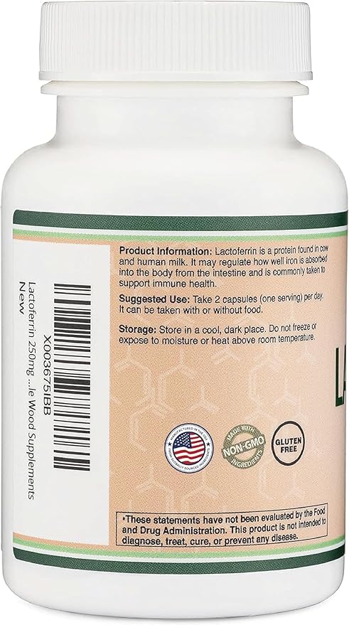 Lactoferrin 250mg per Serving (60 Capsules) Patented Bioferrin Lactoferrin - Superior Iron Supplement for Iron Deficiency and Immune Support by Double Wood Supplements