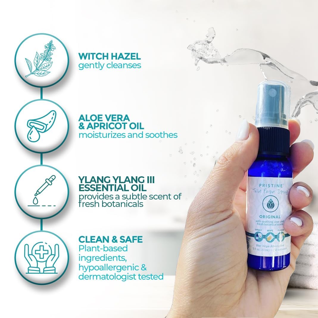 PRISTINE Toilet Paper Spray - As Seen on Shark Tank, More Natural Flushable Wet Wipes Alternative, Spray Toilet Paper to Create Flushable Wipe, Original, 1 fl oz Travel Size