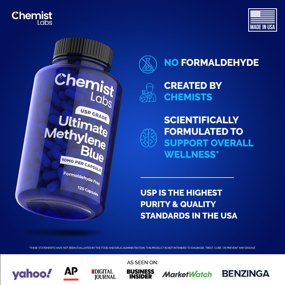 Chemist Labs Methylene Blue | 10mg USP Grade Capsules | 120 Count | Pharmaceutical Grade | Cellular & Mitochondrial Support | Formaldehyde Free | Made in USA (120 Capsules)