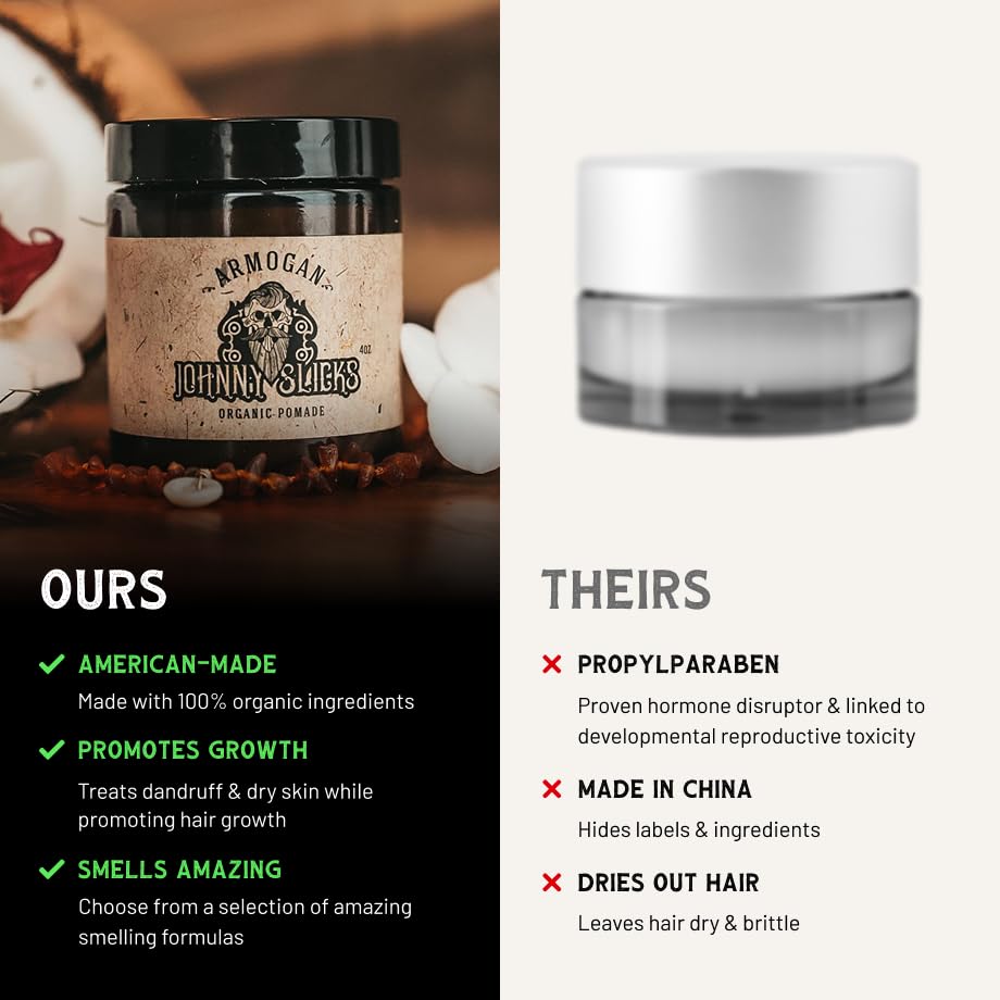 Johnny Slicks Oil Based Pomade | Organic Hair Styling for Men, Low to Medium Hold | Promotes Healthy Hair Growth & Helps Hydrate Dry Skin, (Original, 4 Ounce) Veteran Owned, USA Made.