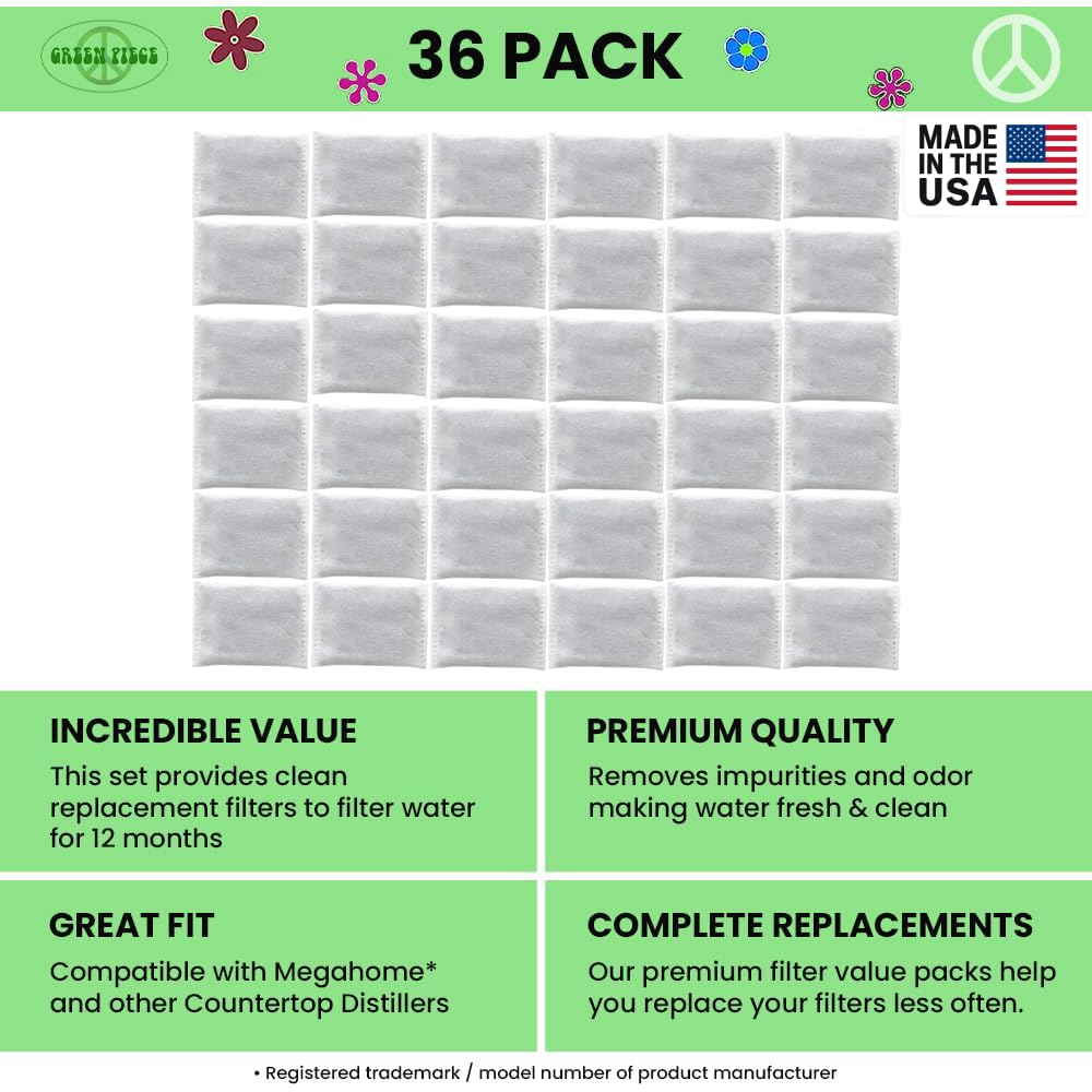 Green Piece® Activated Charcoal Water Filter Replacements (Made in USA) - Great for Megahome and Other Countertop Water Distillers - Deluxe Version