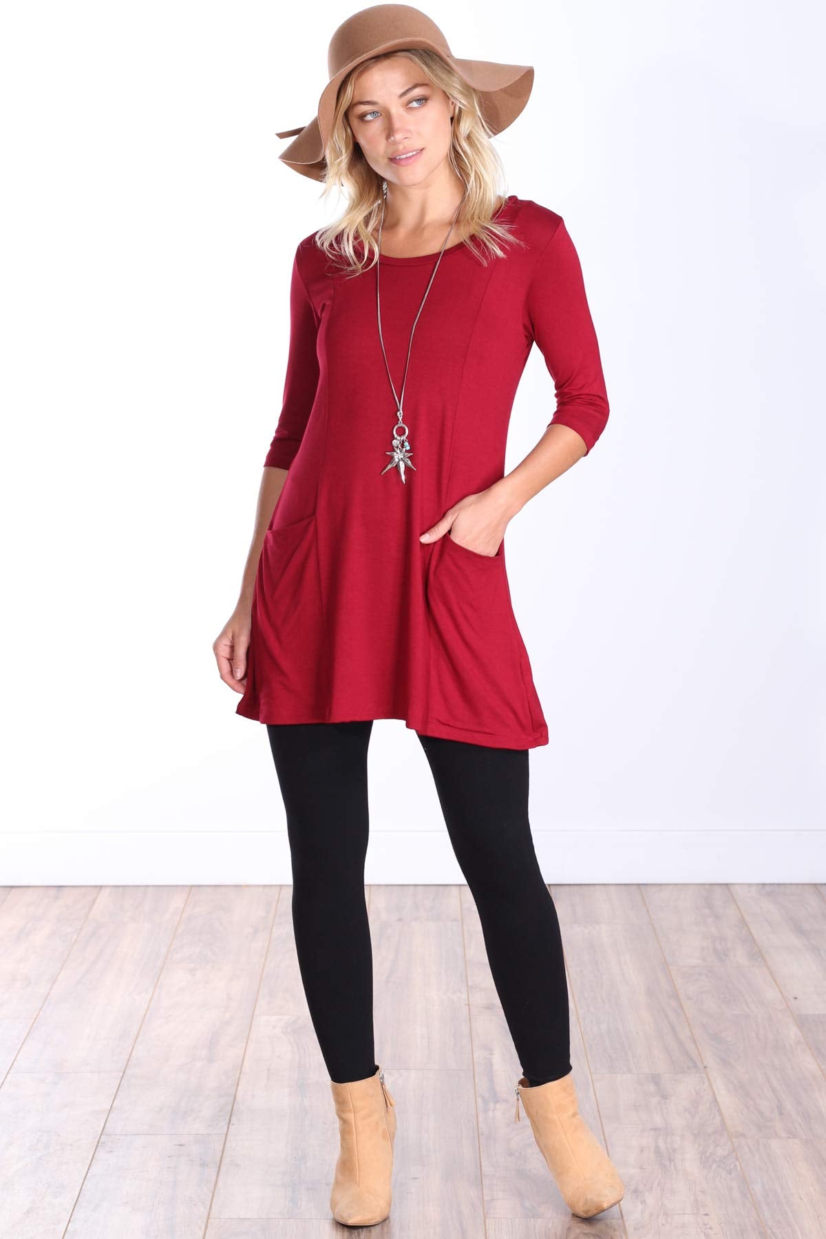 Popana Womens 3/4 Sleeve Tunic Top with Pockets for Leggings Made in USA Burgundy