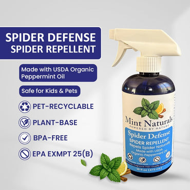 Mint Naturals Spider Defense Spray – USDA Organic Peppermint Oil Scent for Indoor Areas, Offices, Garages, RVs & Cabins – Plant-Based Mint Home Spray for Storage & Entry Points – 16 oz USA
